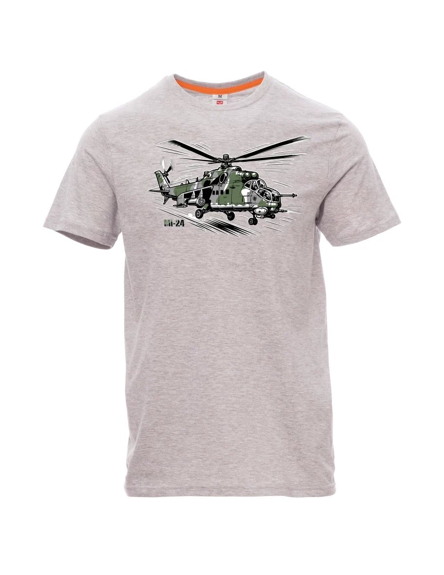 Šedé melanžové pánské tričko Vrtulník Mi-24