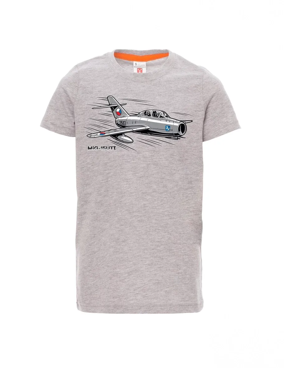 Šedý melír dětské tričko Letadlo MiG-15UTI