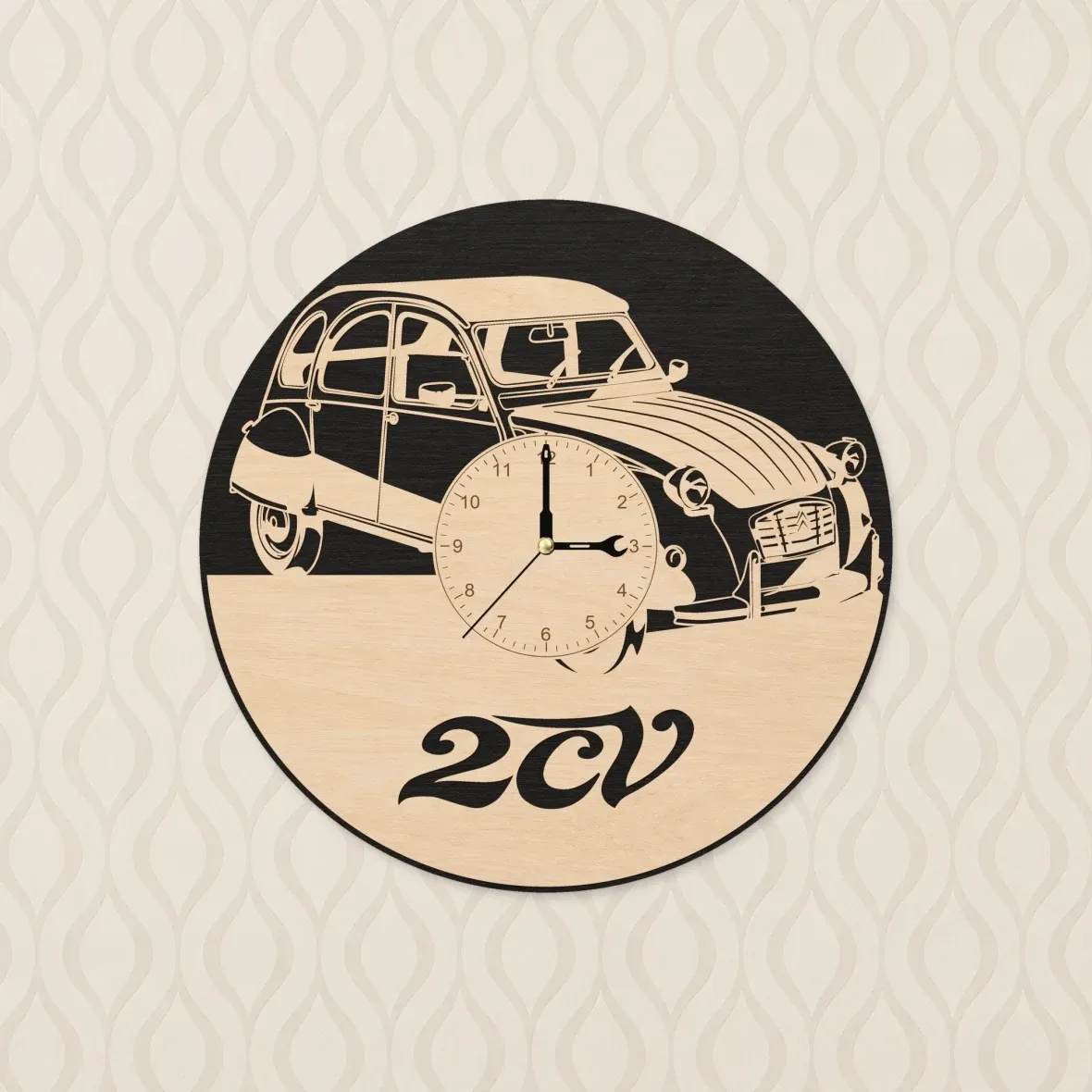 Dřevěné hodiny s motivem Kachna 2CV