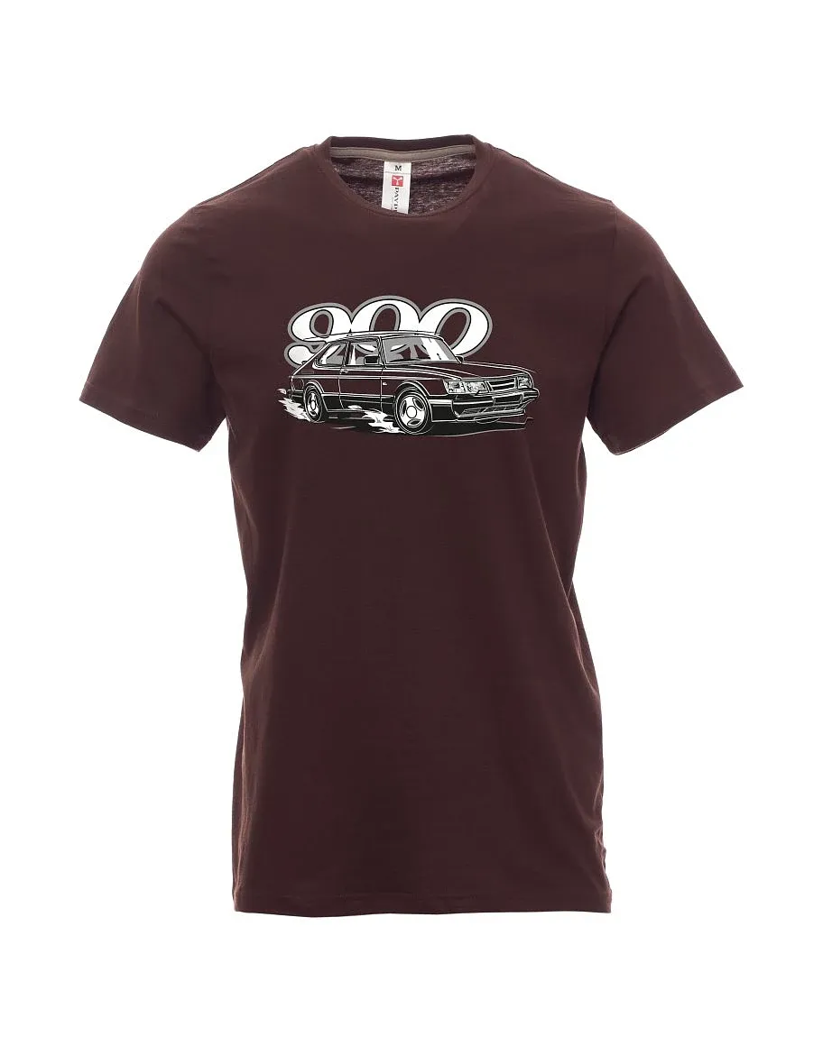 Tmavě hnědé pánské tričko se Saabem 900