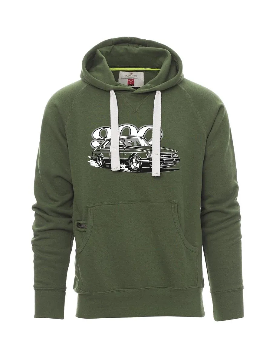 Tmavě zelená pánská mikina se Saabem 900