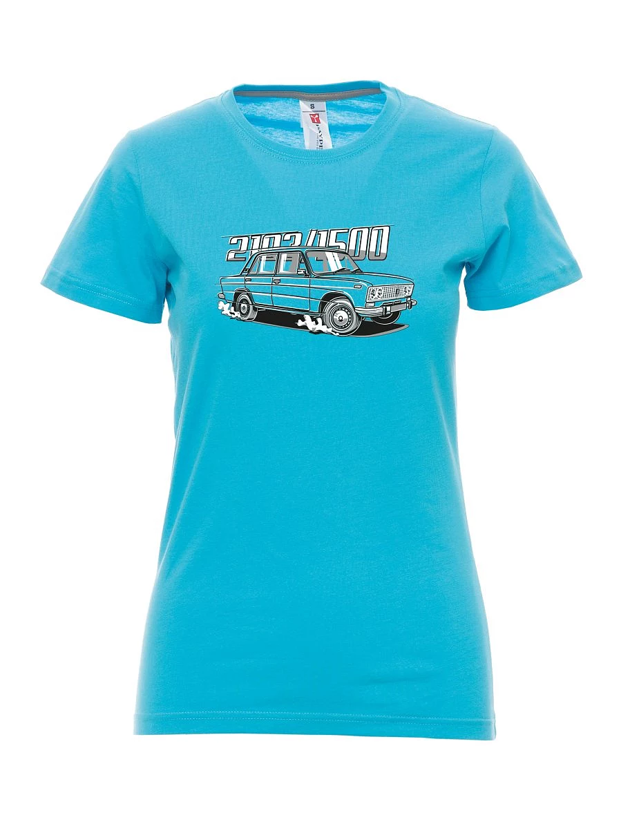 Atolově modré dámské tričko s motivem Lada 2103 / VAZ 1500