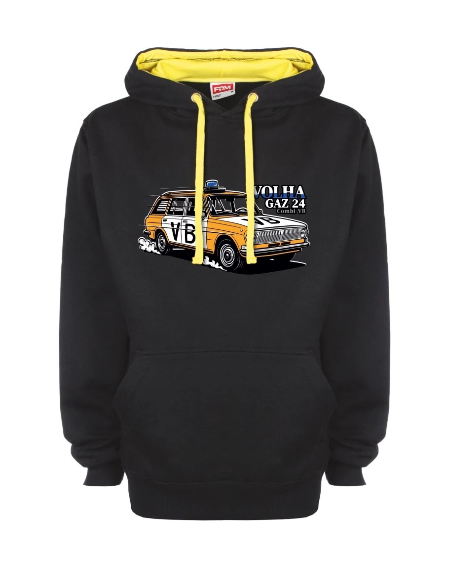 Žluto-černá mikina s Automobil Volha GAZ 24 VB