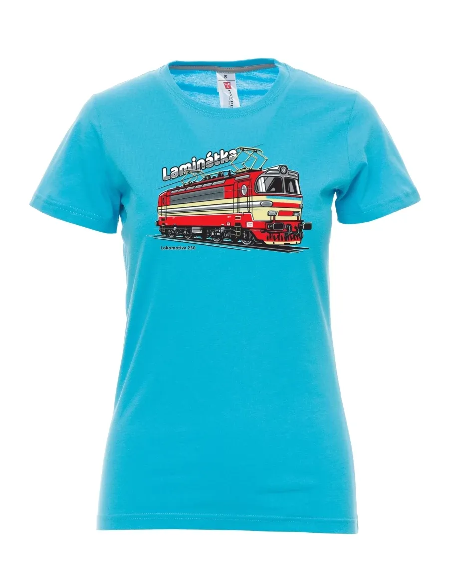 Atolově modré dámské tričko Lokomotiva 230 „Laminátka“