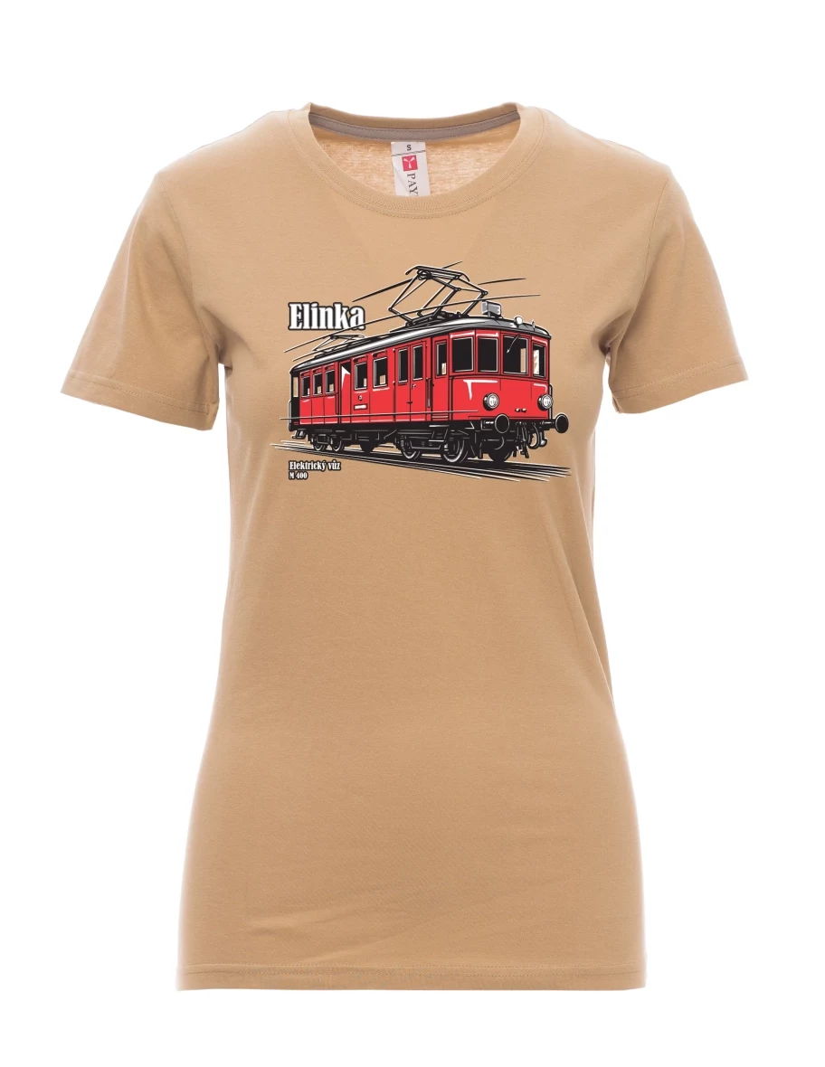 Hnědé dámské tričko Elektrický vůz M 400 „Elinka“